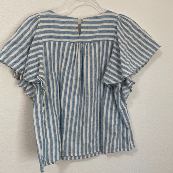 Listicle Medium Blue and White Flutter Sleeve Blouse Cotton Linen Embroidered - Picture 8 of 9